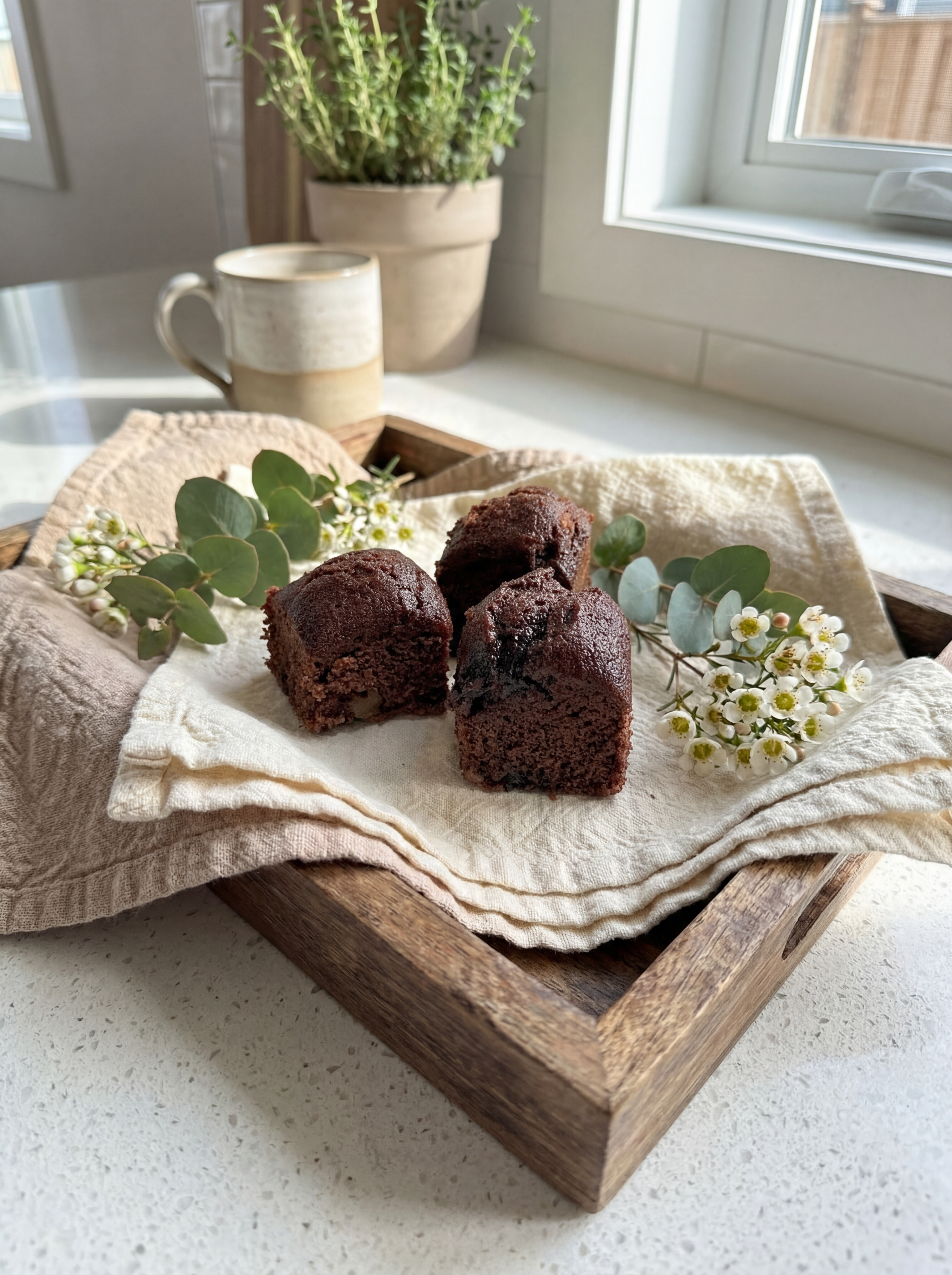 Choco & Banana Bites en una bandeja de madera